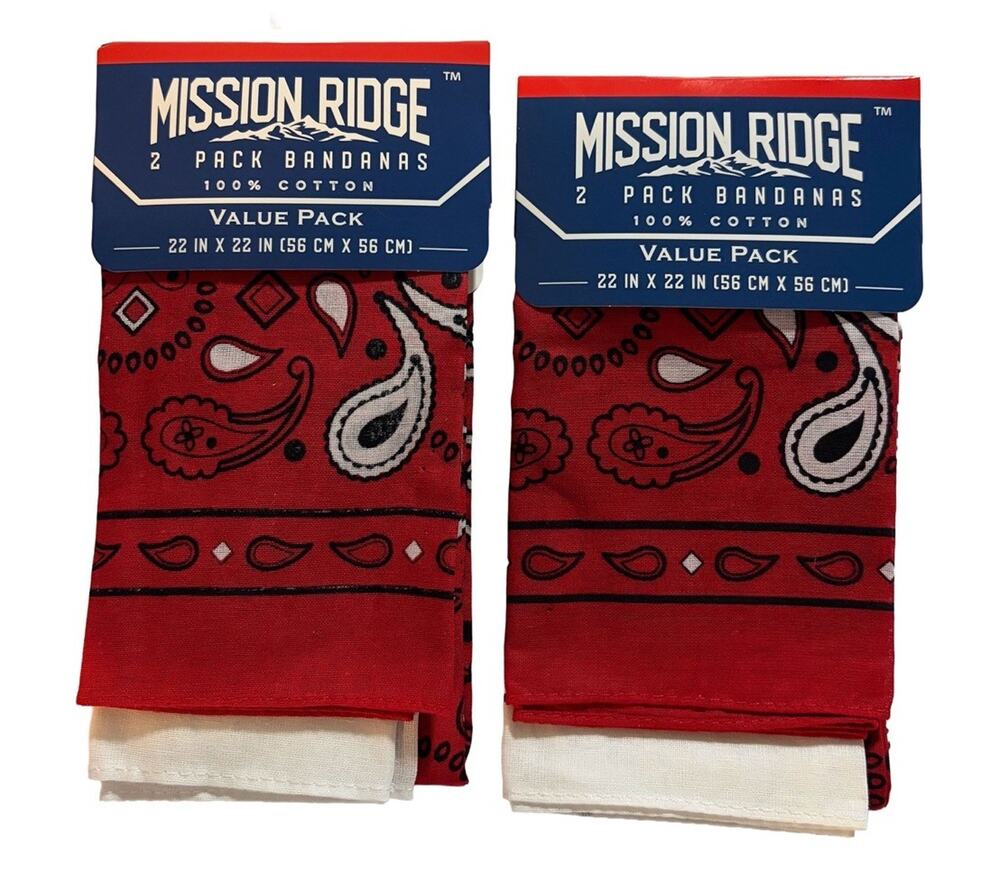 Mission Ridge Bandanas Red White Paisley 22x22 100% Cotton 2 Packs Lot of 4